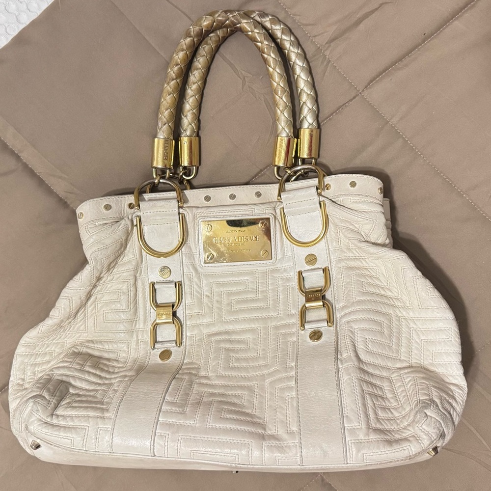 Rare Vintage Gianni Versace Couture Cream Quilted Leather Greca Tote Bag
